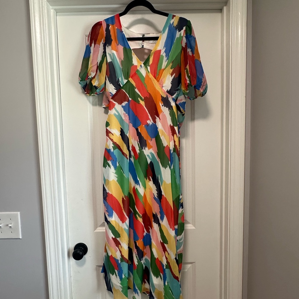 Julia Jordan Orange Red Midi Sundress with Puff Sleeves